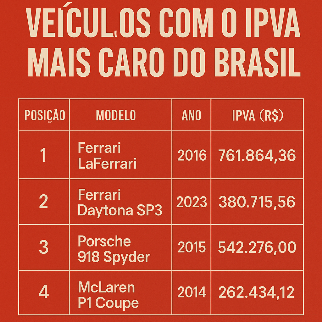 Veículos com o IPVA Mais Caro do Brasil: Conheça os Supercarros que Pagam Impostos Astronômicos
